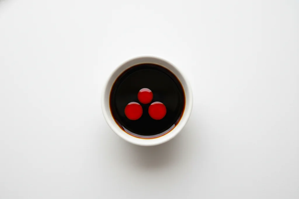 Close-up of dark soy dipping sauce with three drops of red chili oil in a white ceramic bowl on white surface