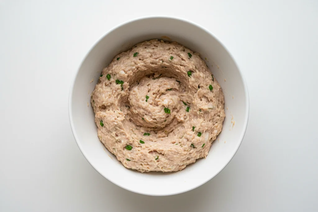 Pork and napa cabbage dumpling filling mixed to a paste-like texture with scallion flecks in a white ceramic bowl