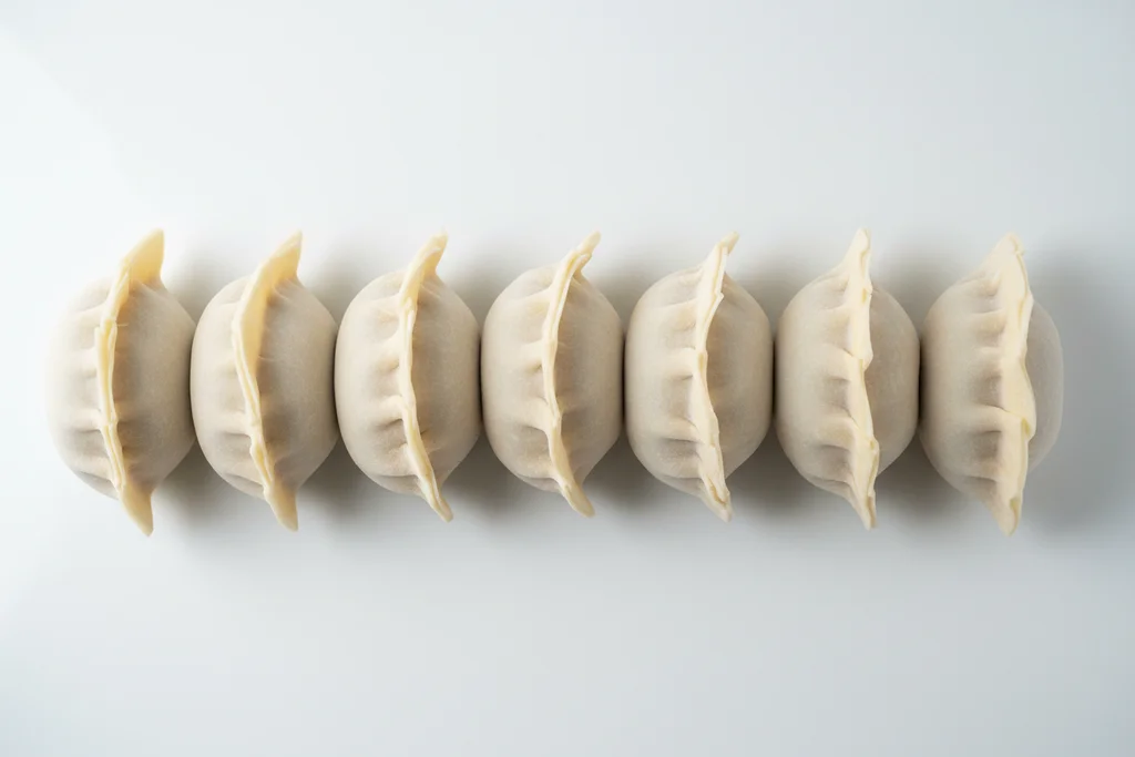Raw gyoza-style pork dumplings in a single row showing pleated seams on seamless white surface