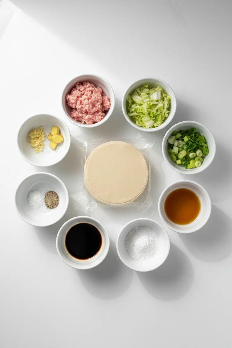 All pork dumpling filling ingredients in individual white ceramic bowls on seamless white surface