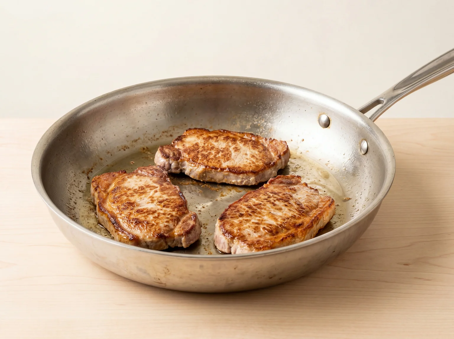 Pork chops searing in a wide skillet showing golden brown caramelized crust for bistek tagalog
