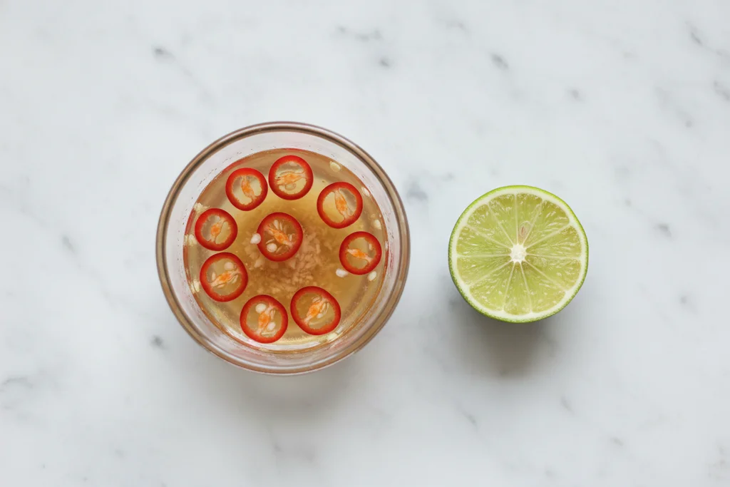 Small glass bowl of Prik Nam Pla — Thai chili fish sauce with bird's eye chili rounds and minced garlic — served alongside a halved lime on white marble