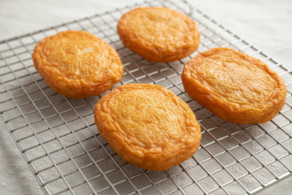 Four freshly fried golden Satsuma-Age Japanese fish cakes resting on a wire cooling rack on linen surface after frying