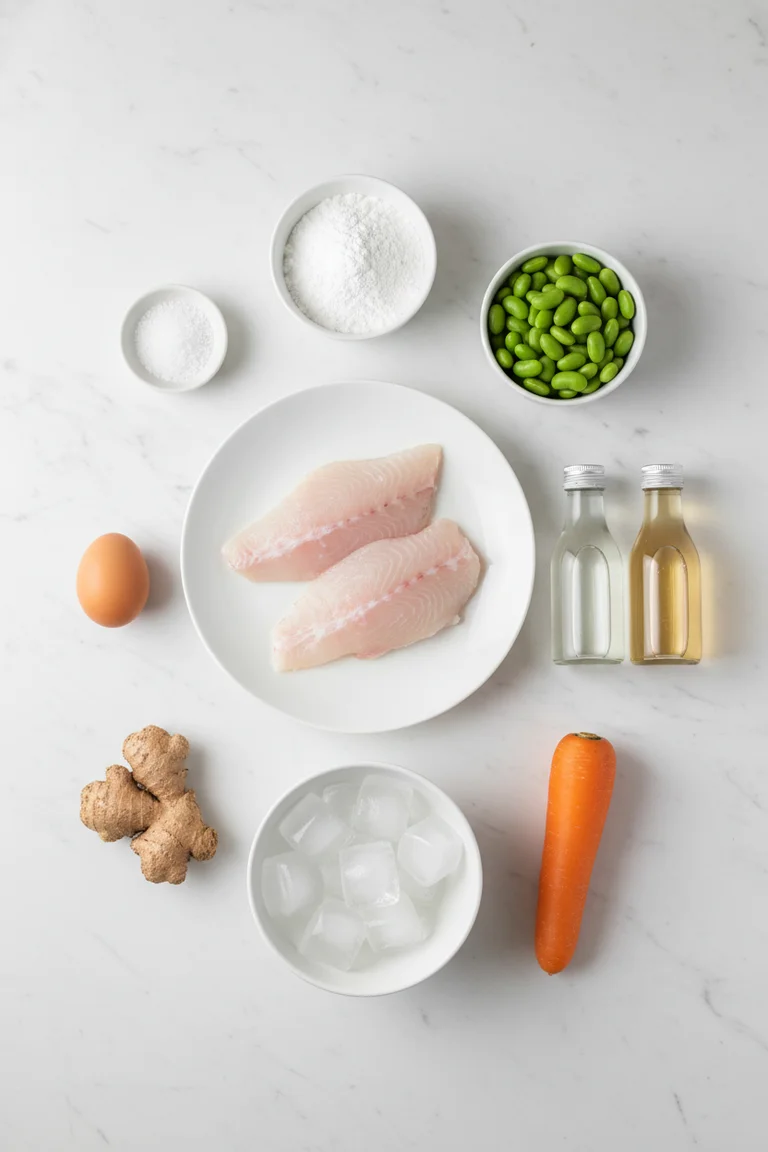 All Satsuma-Age ingredients laid out on a white marble surface including two raw cod fillets on a white plate, sake, mirin, whole egg, potato starch, fresh ginger, carrot, shelled edamame and sea salt