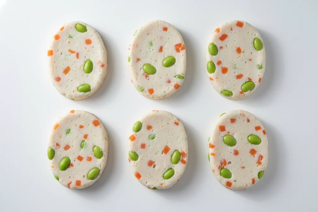 Six raw oval Satsuma-Age fish cake patties in two neat rows showing flat shape with visible carrot and edamame flecks before frying
