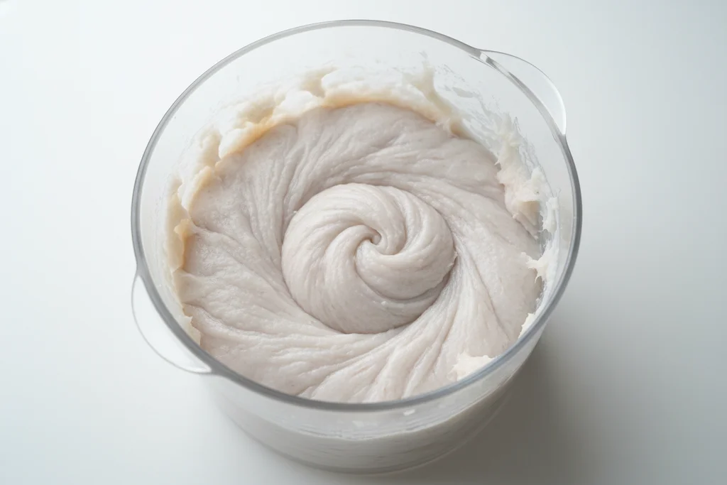 Smooth sticky surimi fish paste inside a food processor bowl showing dense elastic texture with blade swirl marks ready for shaping into Satsuma-Age