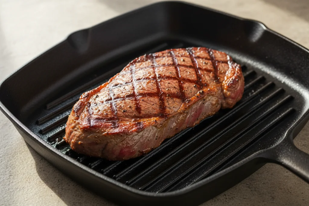  Marinated flank steak searing in a cast iron grill pan with char marks forming on the surface