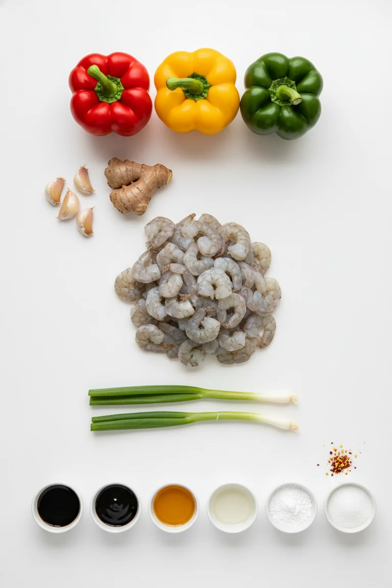 Overhead flat lay of shrimp stir fry ingredients on a white surface — red yellow and green bell peppers, garlic cloves, fresh ginger, green onions, and six sauce ramekins with soy sauce, oyster sauce, sesame oil, rice vinegar, cornstarch and sugar