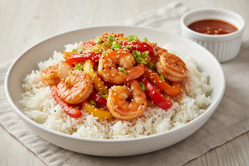 Shrimp and bell pepper stir fry served over steamed jasmine rice in a white bowl, garnished with sesame seeds and green onion