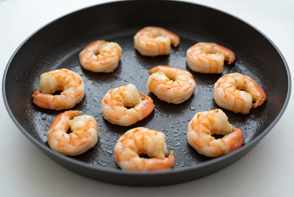 Large peeled shrimp searing in a dark round skillet, each curved in a loose open C-shape showing perfect doneness