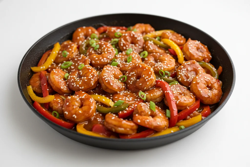  Text: Shrimp and vivid bell pepper strips coated in thick glossy amber sauce in a dark skillet — showing the correct sauce consistency and gloss for stir fry