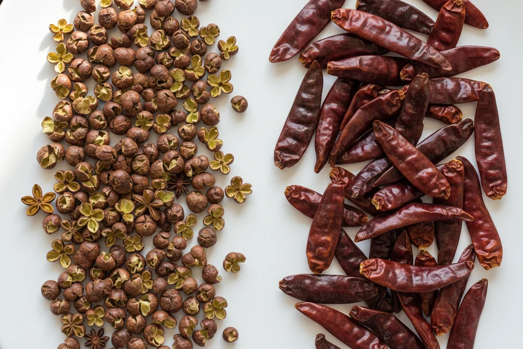 Close-up of authentic open-husk Sichuan peppercorns alongside toasted darkened dried Facing Heaven red chiles
