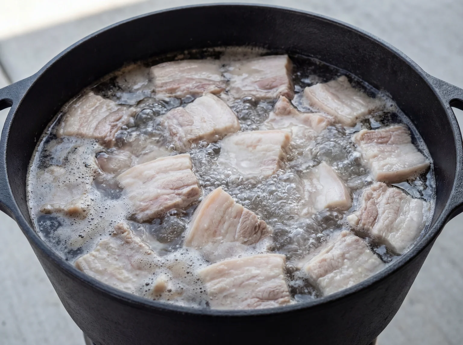 Pork belly pieces parboiling in a black cast-iron Dutch oven — foam rising to the surface for a clean sinigang broth