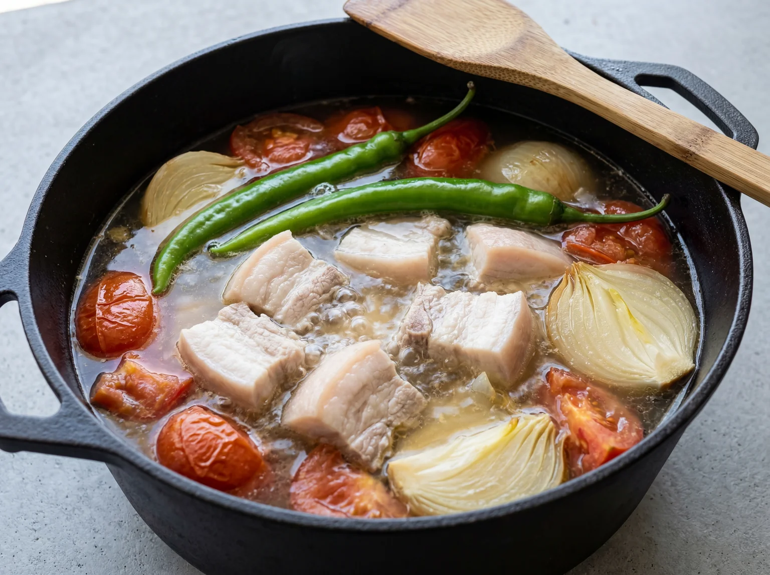 Building the Sinigang na Baboy broth — pork belly simmering with Roma tomatoes, onion, and green chili in a black Dutch oven