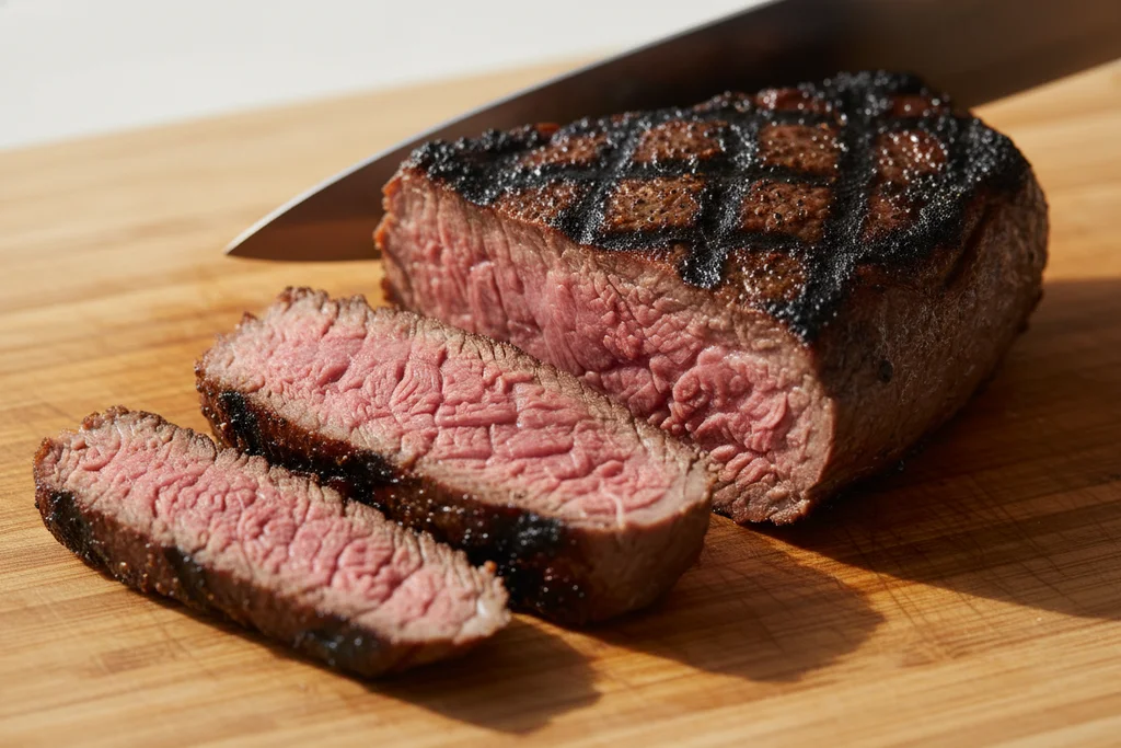 Rested flank steak sliced against the grain on a wooden cutting board showing pink medium-rare interior
