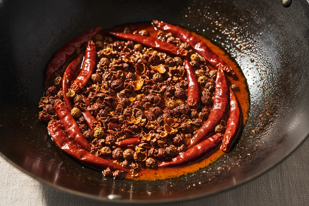Dried red chilies and crushed Sichuan peppercorns blooming in red-stained oil inside a carbon steel wok