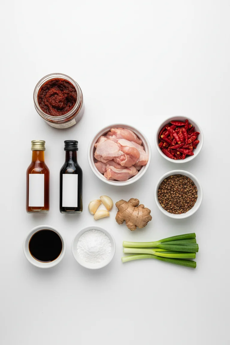 All ingredients for spicy Szechuan chicken laid out on a white surface including dried chilies, Sichuan peppercorns, doubanjiang, Shaoxing wine, and raw chicken thighs