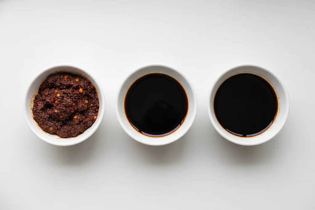 Three white ceramic bowls containing doubanjiang chili bean paste, Chinkiang black vinegar, and dark soy sauce, overhead view