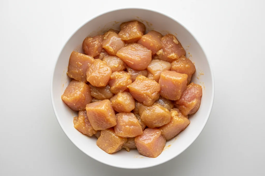 Raw chicken thigh pieces coated in wet sticky cornstarch and soy velvet marinade glistening in a white ceramic bowl