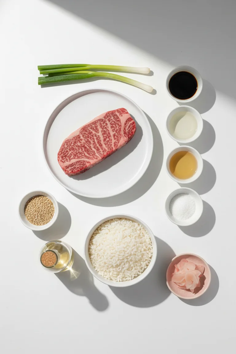 All ingredients for Japanese teriyaki beef bowl laid out on a white surface — wagyu ribeye on a white plate, soy sauce, sake, mirin, sugar, rice, spring onions, sesame seeds, and pickled ginger