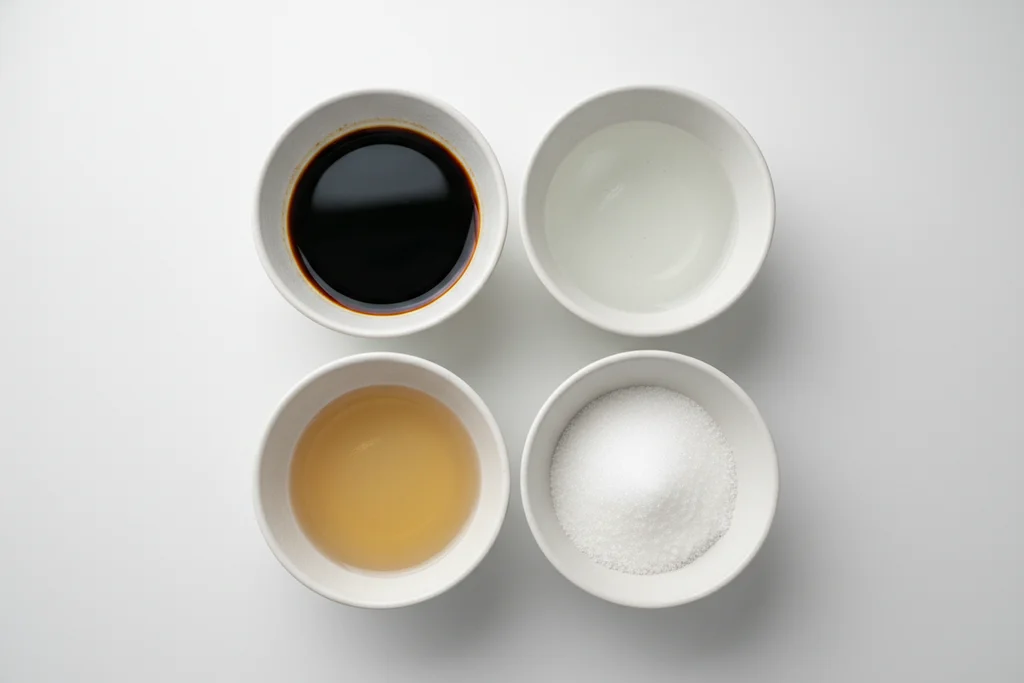 ingredients for authentic Japanese teriyaki sauce — soy sauce, sake, mirin, and white sugar in small white ceramic bowls