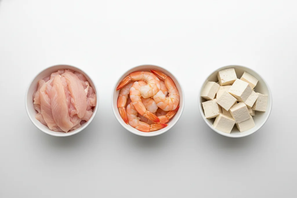 Three white bowls side by side showing Thai fried rice protein options: sliced chicken breast, raw peeled shrimp, and cubed firm tofu