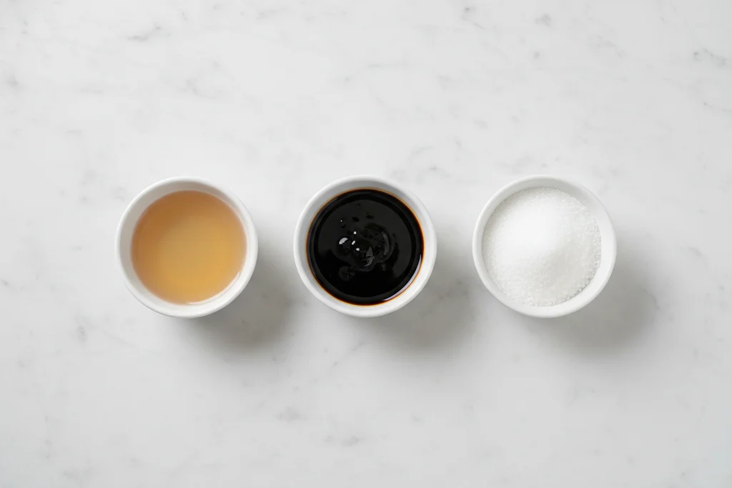 Three white ceramic dishes in a row holding fish sauce, oyster sauce, and white sugar — the core seasonings for Thai fried rice Khao Pad