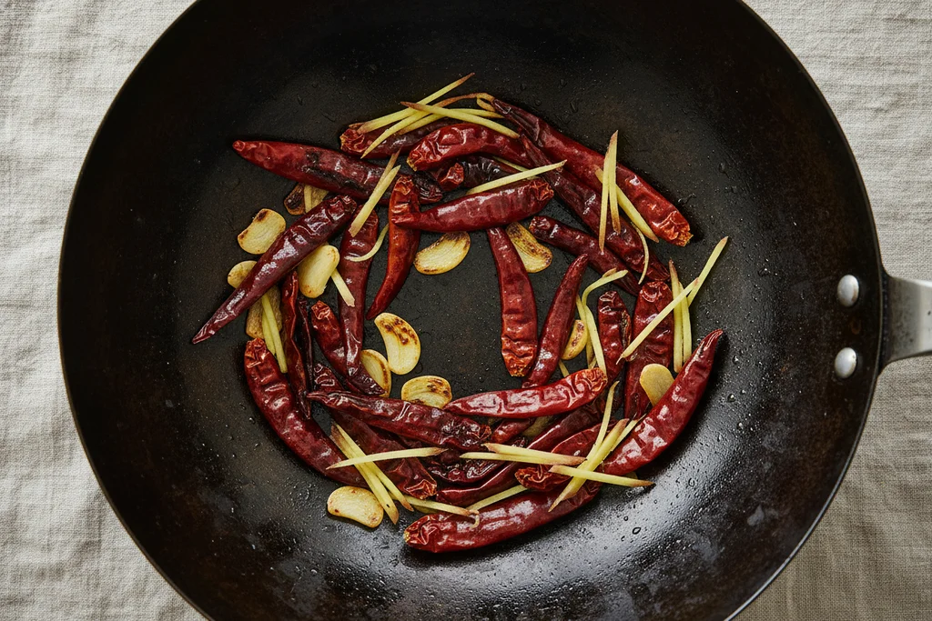 Toasted dried Facing Heaven red chiles with sliced garlic and julienned ginger in a carbon steel wok