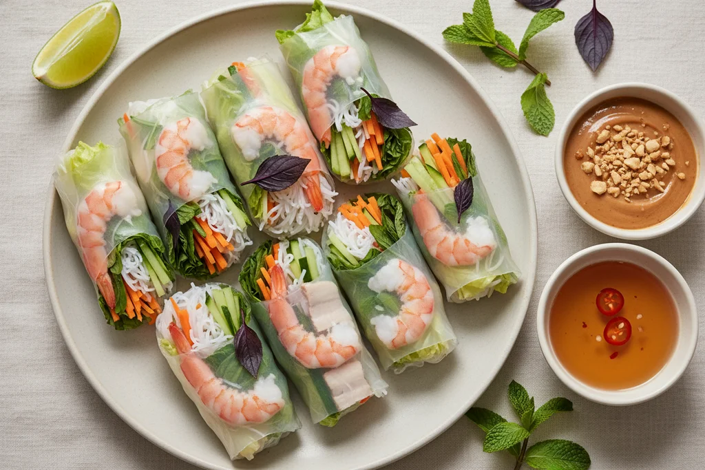 Vietnamese rice paper rolls (gỏi cuốn) on a round ceramic plate showing shrimp, pork, vermicelli, julienned carrot and cucumber through the translucent wrapper, served with hoisin peanut sauce and nước chấm