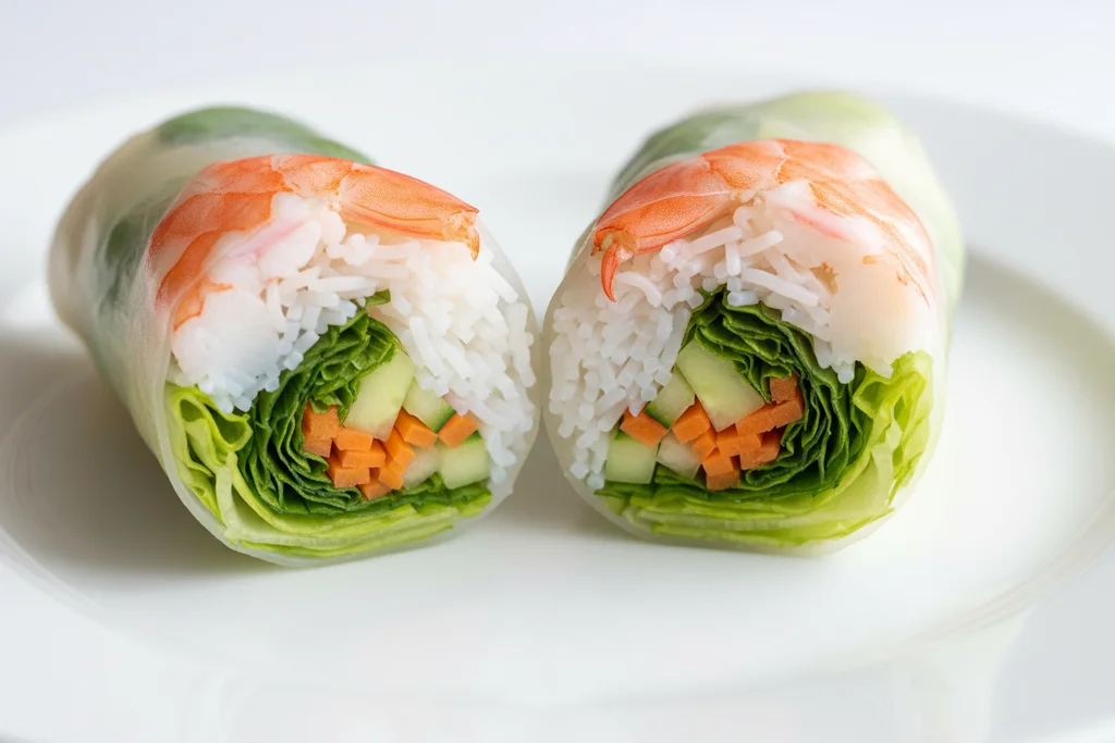 Vietnamese rice paper rolls cut in half showing shrimp, vermicelli noodles, carrot, cucumber and lettuce filling through the wrapper
