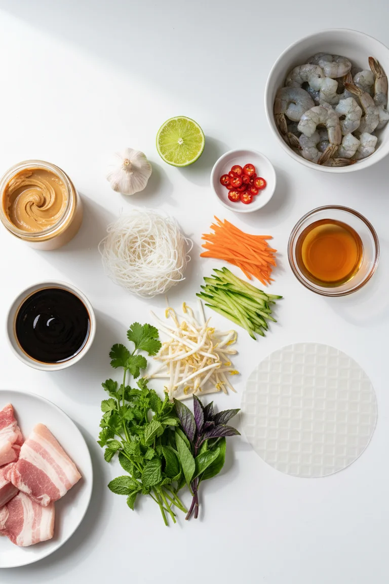 All ingredients for Vietnamese rice paper rolls laid out flat — raw shrimp, raw pork belly, rice vermicelli, rice paper sheets, mint, cilantro, Thai basil, julienned carrot and cucumber, bean sprouts, garlic, chili, and sauce components on white surface