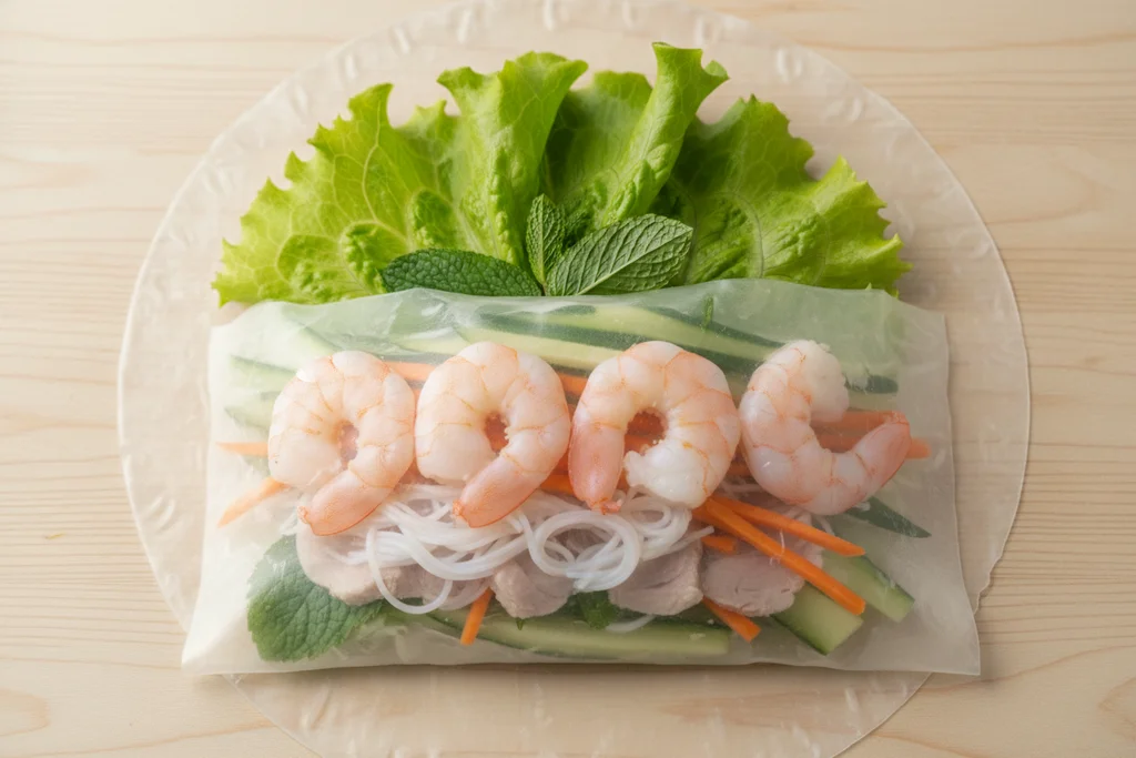 Vietnamese rice paper roll mid-assembly on a wooden board showing shrimp, pork, vermicelli, carrot, cucumber and herbs layered in the lower third of the wrapper