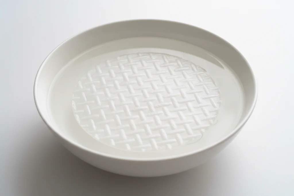 Rice paper sheet soaking in a white ceramic bowl of water — soak for exactly 10–12 seconds before lifting out