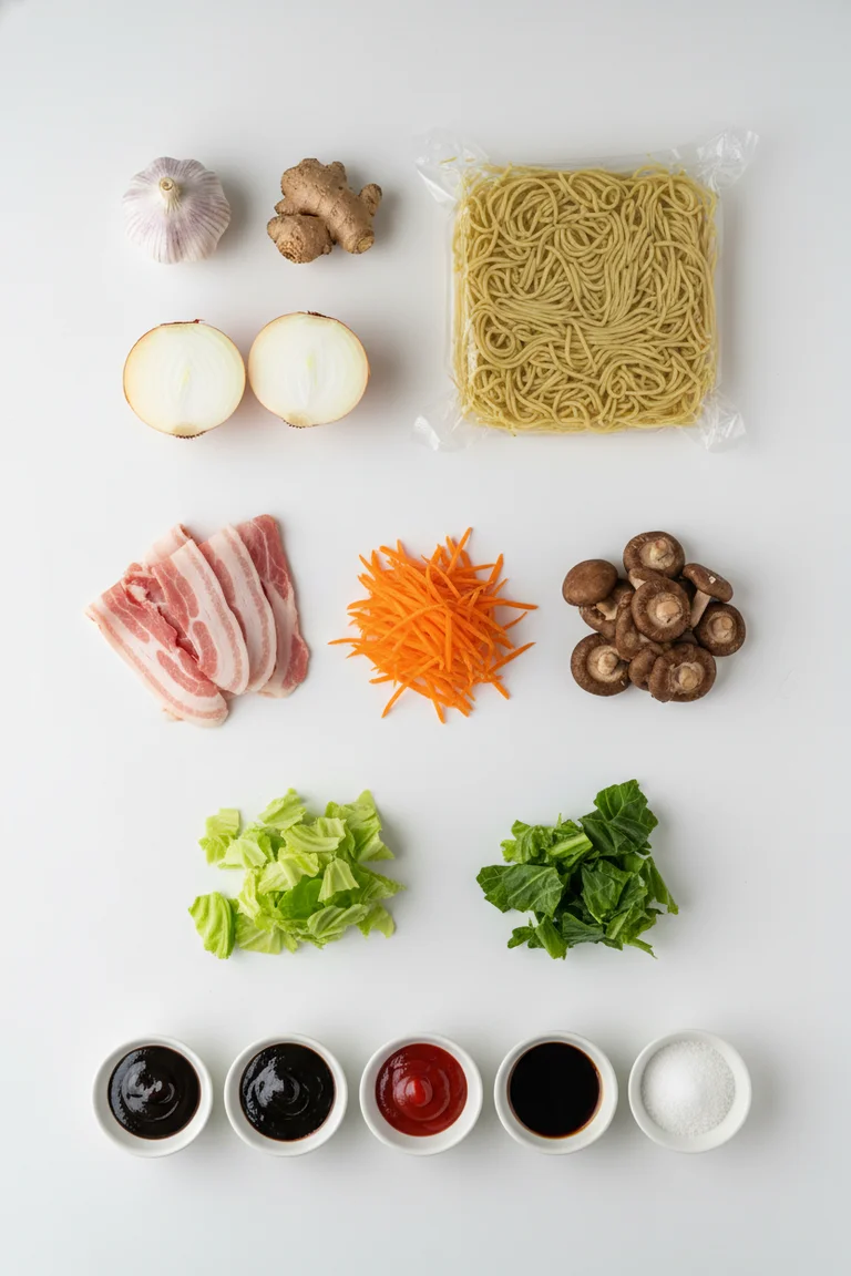 Overhead flat lay of all yakisoba ingredients on a white surface including noodles, pork belly, cabbage, carrot, shiitake mushrooms, garlic, ginger, halved onion, and five sauce components in white pinch bowls