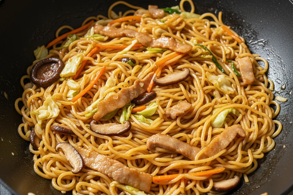Yakisoba noodles fully coated in glossy amber-brown sauce in a dark carbon steel wok with pork belly, cabbage, carrot, and shiitake mushrooms