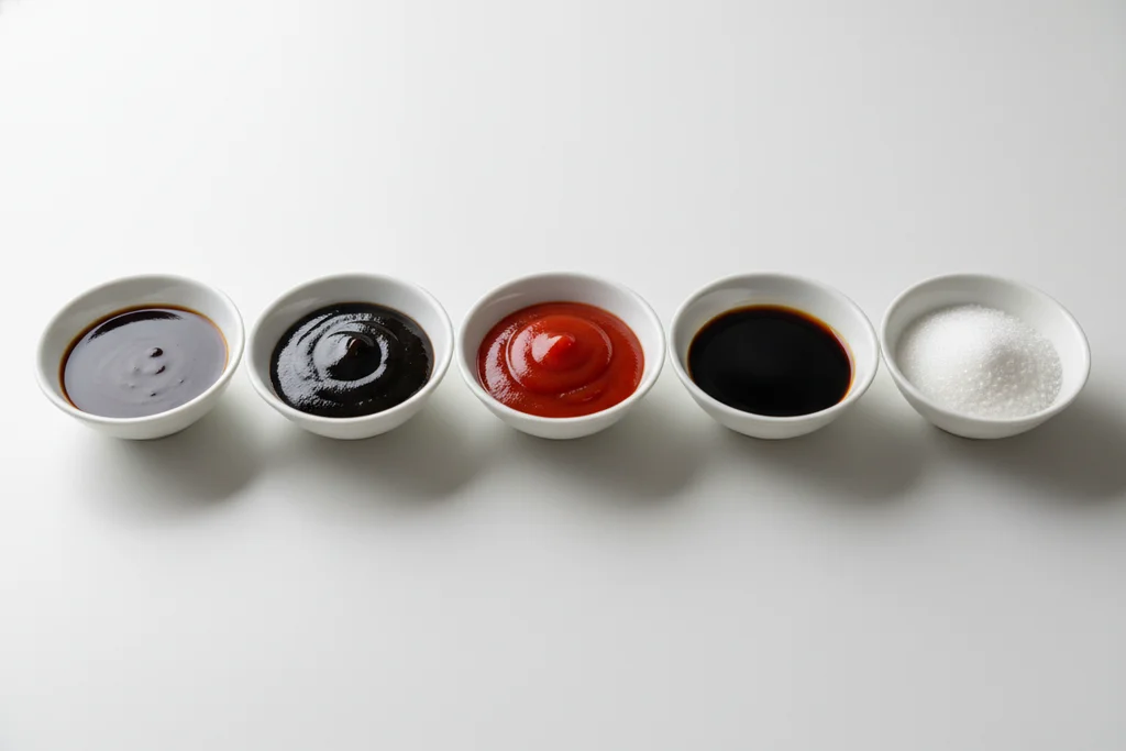 Five white ceramic pinch bowls in a straight row containing yakisoba sauce ingredients — Worcestershire sauce, oyster sauce, ketchup, soy sauce, and white sugar