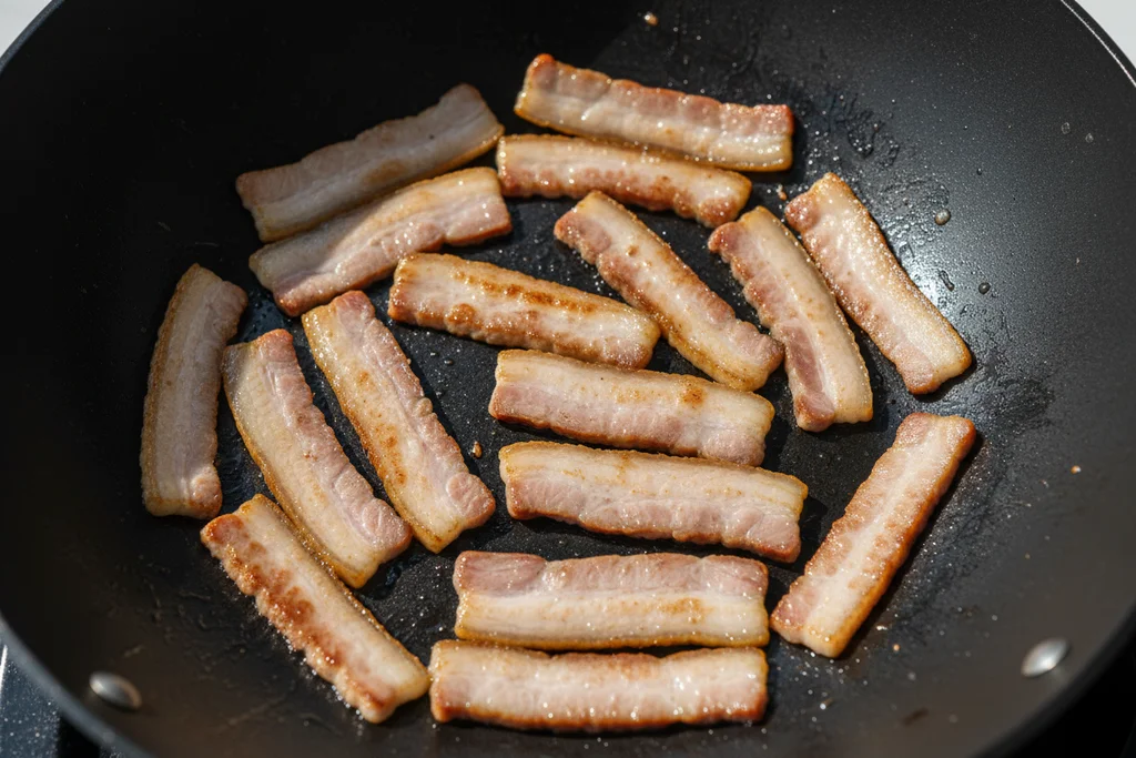 Thinly sliced pork belly strips searing in a dark carbon steel wok showing deep golden brown caramelization and distinct layers of fat and meat