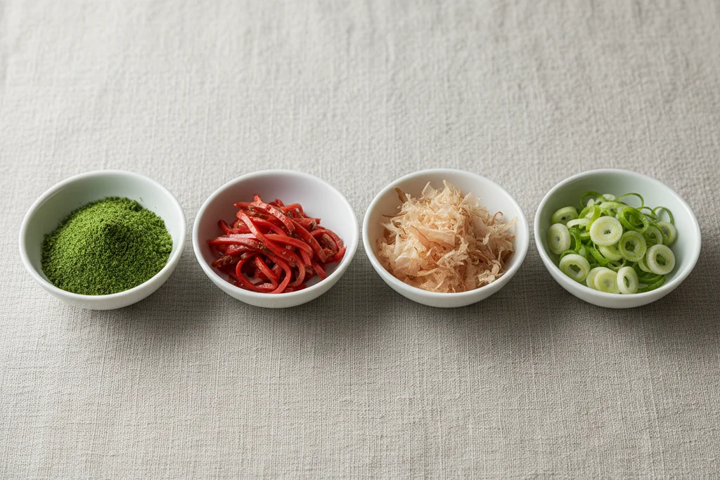 Three white ceramic pinch bowls on pale linen holding yakisoba toppings — green aonori flakes, red beni shoga pickled ginger strips, and pale katsuobushi bonito flakes with scattered green onion rounds alongside