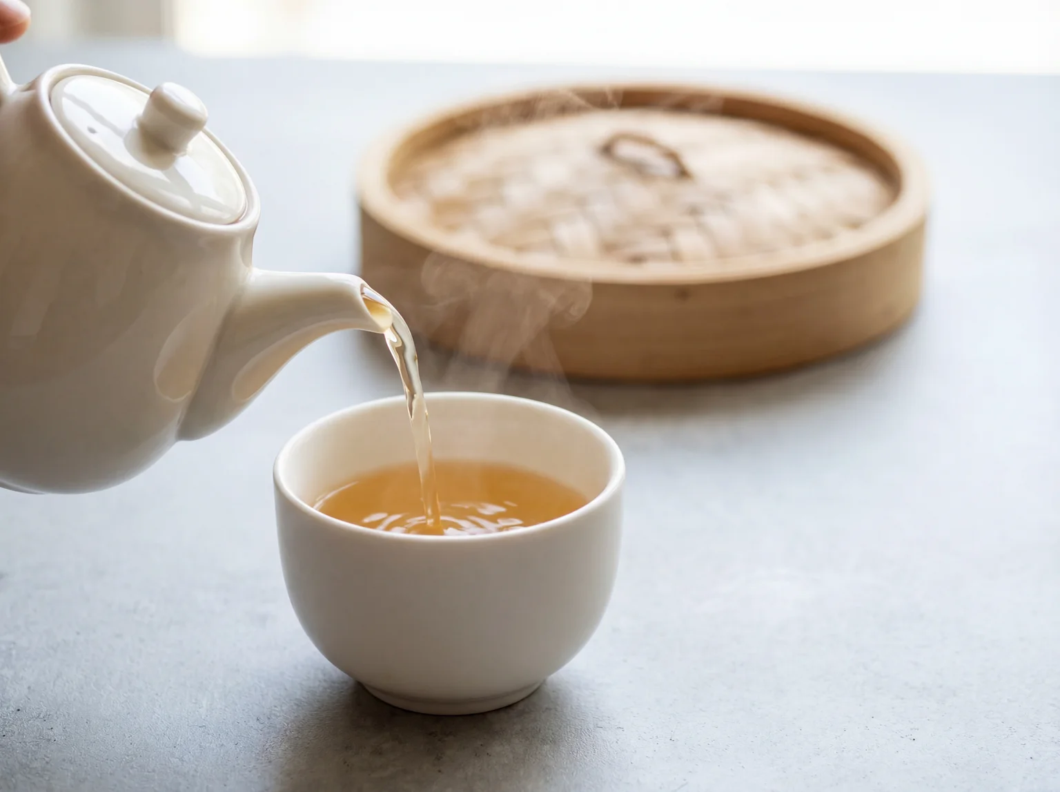 Hot jasmine tea being poured from a white ceramic teapot into a small handleless tea cup with a bamboo steamer in the background