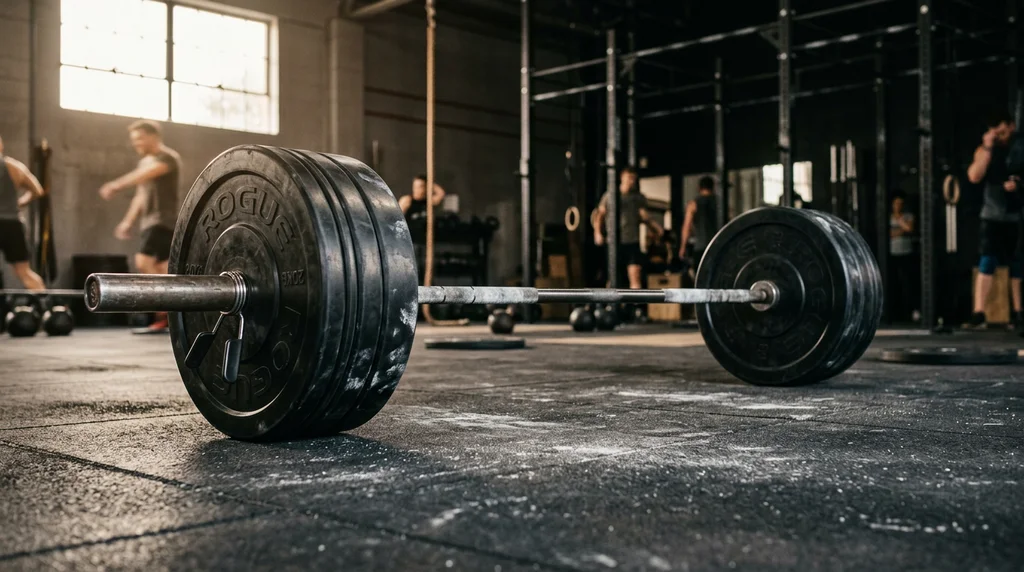 CrossFit barbell with plates on gym floor