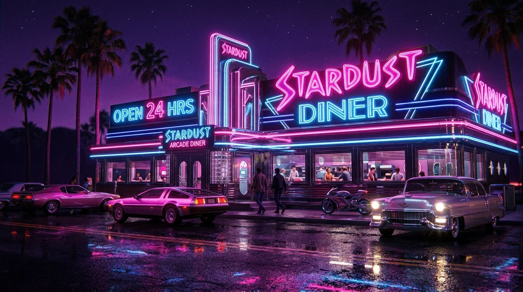 Retro-future Neon Diner exterior at night