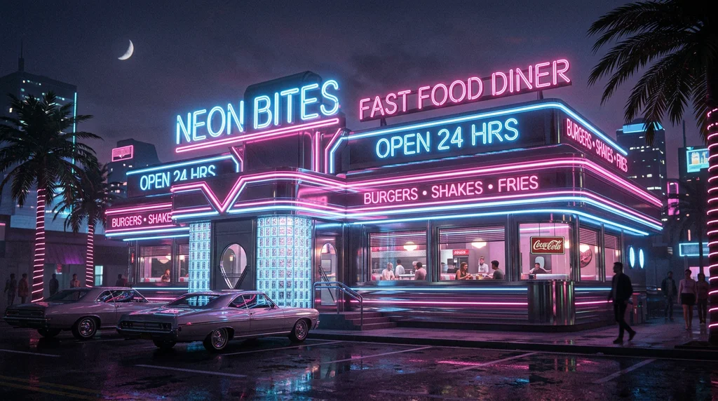 Nostalgic vaporwave fast food diner with neon signs in pink and blue